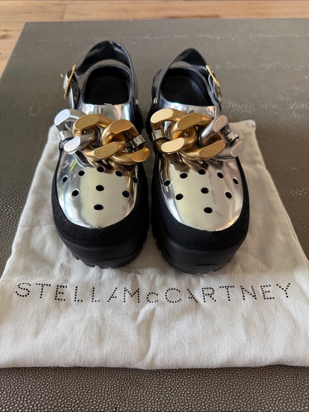 Stella McCartney Women’s Metallic Silver & Gold Chain Mary Jane Clogs Made in IT